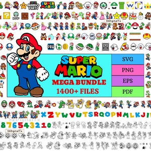 Könnte beinhalten: Ein digitales Grafikpaket mit den Charakteren und Elementen von Super Mario Bros. Das Bild enthält eine große Illustration von Mario, den Text "Super Mario Mega Bundle 1400+ Files" und verschiedene Dateiformatoptionen. Zahlreiche kleinere Charakterillustrationen und Symbole sind ebenfalls vorhanden.