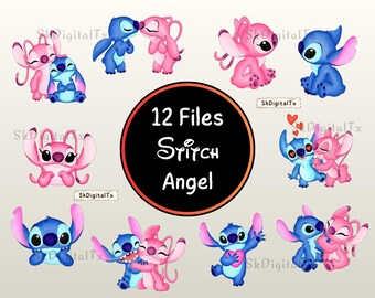 Stitch And Angel Png Bundle, Watercolor Alien Clipart Download, Cute Space Couple Sublimation Design, Cartoon Birthday Shirt Png
