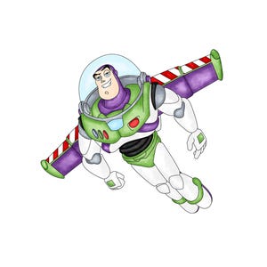 May include: Illustration of Buzz Lightyear in a flying pose. The character is wearing a green, white, and purple spacesuit with a clear helmet. His wings are purple with red and white stripes. The image is set against a white background.