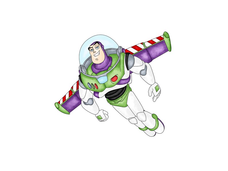 May include: Illustration of Buzz Lightyear in a flying pose. The character is wearing a green, white, and purple spacesuit with a clear helmet. His wings are purple with red and white stripes. The image is set against a white background.