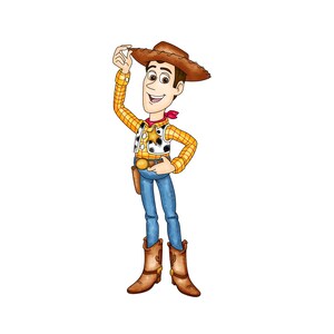May include: Illustration of a cartoon cowboy character. He wears a brown cowboy hat, a yellow plaid shirt, a black and white vest, blue jeans, and brown cowboy boots. A red bandana is around his neck.