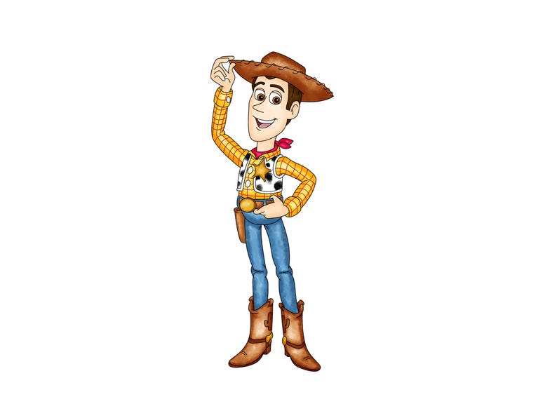 May include: Illustration of a cartoon cowboy character. He wears a brown cowboy hat, a yellow plaid shirt, a black and white vest, blue jeans, and brown cowboy boots. A red bandana is around his neck.