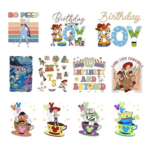 K&ouml;nnte beinhalten: Eine Sammlung farbenfroher Grafikdesigns mit Charakteren und Phrasen aus dem Animationsfilm Toy Story. Designs umfassen Bo Peep, Buzz Lightyear, Woody, Jessie und den Satz "To Infinity and Beyond."