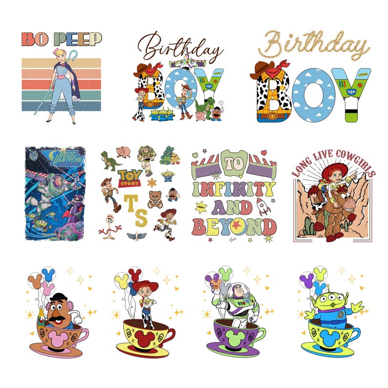 K&ouml;nnte beinhalten: Eine Sammlung farbenfroher Grafikdesigns mit Charakteren und Phrasen aus dem Animationsfilm Toy Story. Designs umfassen Bo Peep, Buzz Lightyear, Woody, Jessie und den Satz "To Infinity and Beyond."