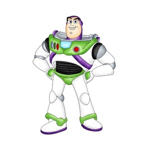 May include: A watercolor illustration of Buzz Lightyear from Toy Story. The character is depicted in his iconic white, green, purple, and black spacesuit, with his arms akimbo. The image is set against a plain white background.