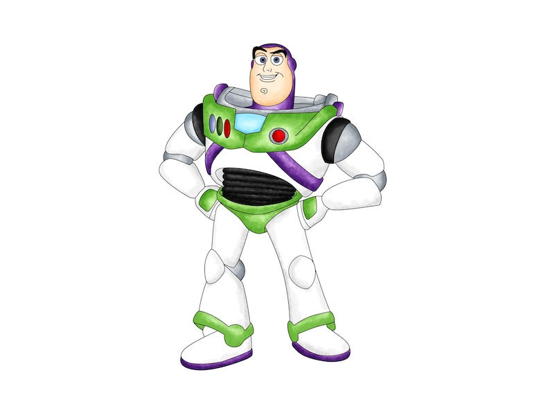 May include: A watercolor illustration of Buzz Lightyear from Toy Story. The character is depicted in his iconic white, green, purple, and black spacesuit, with his arms akimbo. The image is set against a plain white background.