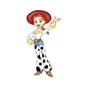 May include: Illustration of a cartoon character, a cowgirl with red hair and a matching hat. She wears a white shirt with yellow accents, blue jeans, and black and white spotted pants. Her arms are outstretched in a welcoming gesture.