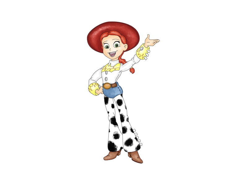 May include: Illustration of a cartoon character, a cowgirl with red hair and a matching hat. She wears a white shirt with yellow accents, blue jeans, and black and white spotted pants. Her arms are outstretched in a welcoming gesture.