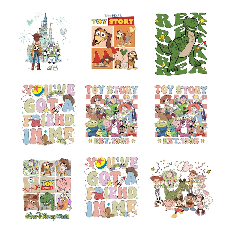 K&ouml;nnte beinhalten: Eine Sammlung farbenfroher Toy Story-Grafiken. Die Designs zeigen Charaktere wie Woody, Buzz Lightyear und Rex, zusammen mit den Texten "Toy Story" und "You've Got a Friend in Me". Einige Designs enthalten den Text "EST. 1995".