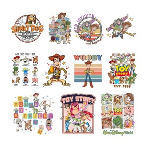 K&ouml;nnte beinhalten: Sammlung farbenfroher Toy Story-Grafikdesigns. Designs umfassen Slinky Dog, Woody, Buzz Lightyear und andere Charaktere. Einige Designs enthalten Text wie "To Infinity and Beyond" und "Toy Story".