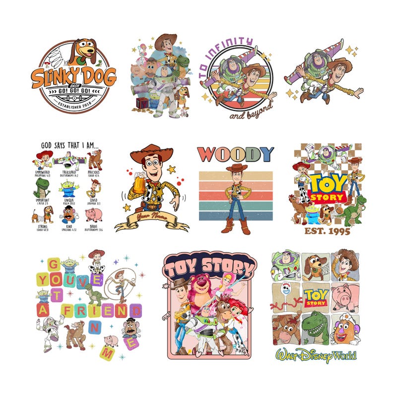K&ouml;nnte beinhalten: Sammlung farbenfroher Toy Story-Grafikdesigns. Designs umfassen Slinky Dog, Woody, Buzz Lightyear und andere Charaktere. Einige Designs enthalten Text wie "To Infinity and Beyond" und "Toy Story".