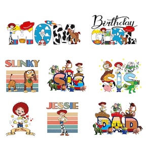 K&ouml;nnte beinhalten: Neun farbenfrohe Designs mit Charakteren aus dem Toy Story-Franchise. Designs beinhalten die W&ouml;rter "Mom", "Birthday Girl", "Slinky", "Sis", "Jessie" und "Dad", jedes mit einer einzigartigen Charakteranordnung und Farbgebung.