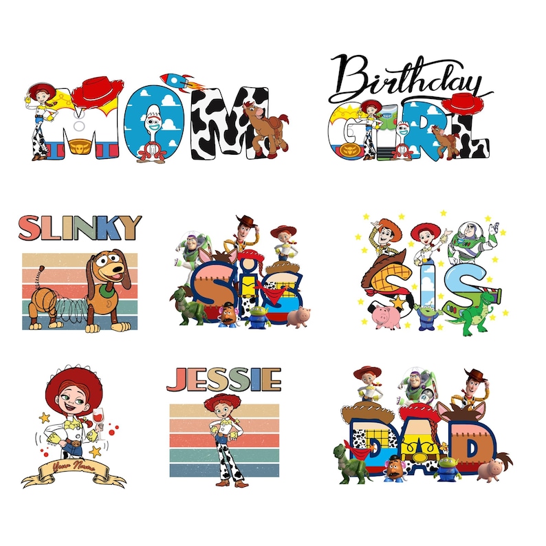 K&ouml;nnte beinhalten: Neun farbenfrohe Designs mit Charakteren aus dem Toy Story-Franchise. Designs beinhalten die W&ouml;rter "Mom", "Birthday Girl", "Slinky", "Sis", "Jessie" und "Dad", jedes mit einer einzigartigen Charakteranordnung und Farbgebung.