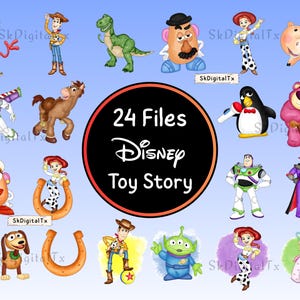May include: A collection of 24 digital files featuring characters from the Disney Pixar movie Toy Story. The image includes illustrations of Woody, Buzz Lightyear, Jessie, Rex, Mr. Potato Head, and other beloved characters.