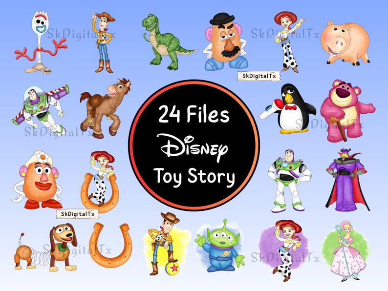 May include: A collection of 24 digital files featuring characters from the Disney Pixar movie Toy Story. The image includes illustrations of Woody, Buzz Lightyear, Jessie, Rex, Mr. Potato Head, and other beloved characters.
