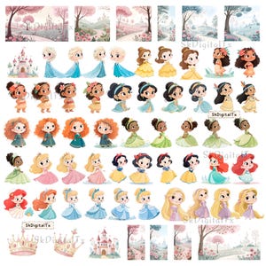 Könnte beinhalten: Aquarellillustrationen verschiedener Prinzessinnen in farbenfrohen Kleidern, Kronen und Landschaften. Das Bild zeigt Charaktere wie Elsa, Belle, Arielle und andere in einem skurrilen Cartoon-Stil. Das Gesamtthema ist Märchen und Fantasie.