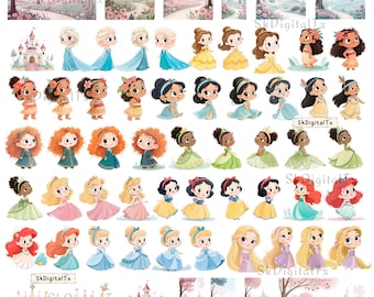 Cute Baby Princess Png Bundle, Ariel Cinderella Clipart Download, Cartoon Birthday Shirt Design, Pastel Watercolor Sublimation File