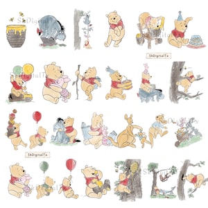 Op de afbeelding: Waterverfillustraties van Winnie de Poeh en vrienden in verschillende poses. De afbeeldingen tonen Poeh met honing, ballonnen en een verjaardagstaart, samen met Iejoor, Knorretje en andere personages. De stijl is grillig en kleurrijk.