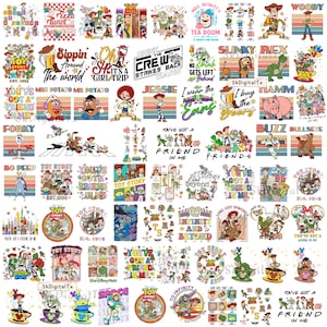 May include: A collection of colorful Toy Story-themed designs. The images feature characters like Woody, Buzz Lightyear, and Jessie, along with phrases like "To Infinity and Beyond" and "You've Got a Friend in Me."