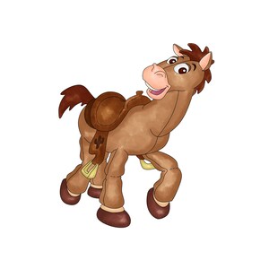 May include: Watercolor illustration of a cartoon horse with a brown body, dark brown mane and tail, and a saddle. The horse has a light pink muzzle and is smiling. The saddle is brown with a yellow strap.