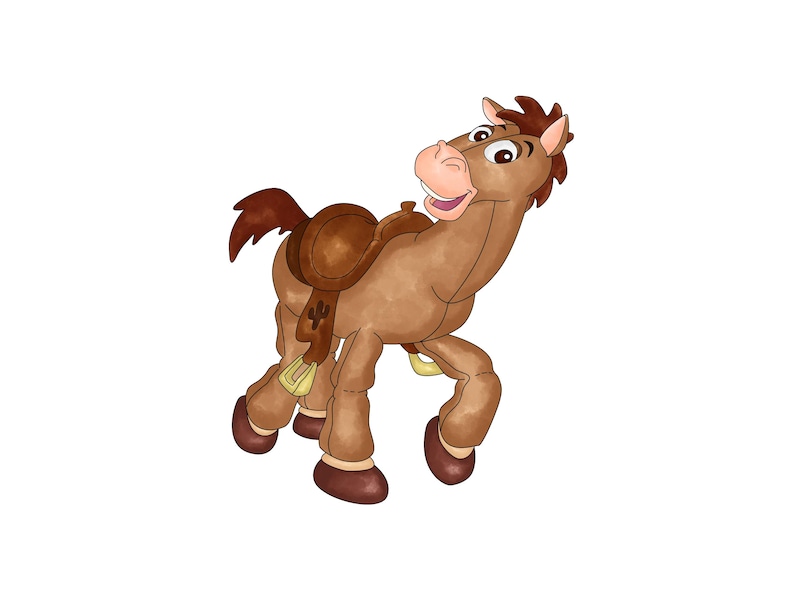 May include: Watercolor illustration of a cartoon horse with a brown body, dark brown mane and tail, and a saddle. The horse has a light pink muzzle and is smiling. The saddle is brown with a yellow strap.