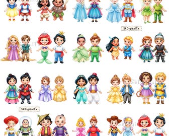Princess And Prince Png Bundle, Mermaid And Snow Queen Clipart, Cartoon Birthday Shirt Design, Sublimation Printable Png Download