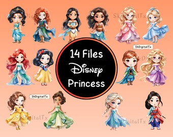 Cute Princess Png Bundle, Ariel Elsa Cinderella, Watercolor Clipart, Girls Birthday Shirt Design, Printable Sublimation Art