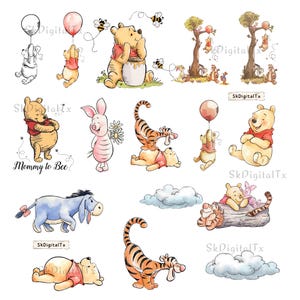 May include: A collection of watercolor-style illustrations featuring Winnie the Pooh characters including Piglet, Tigger, and Eeyore. The images show Pooh with balloons, honey pots, and friends, with the text Mommy to Bee and SkDigitalTx visible.