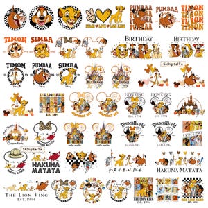 Pode incluir: Uma coleção de designs coloridos com o tema Rei Leão. A imagem apresenta vários designs circulares e em forma de Mickey Mouse com personagens como Simba, Timon e Pumbaa. O texto inclui "Hakuna Matata", "Birthday Boy" e "Disney World".