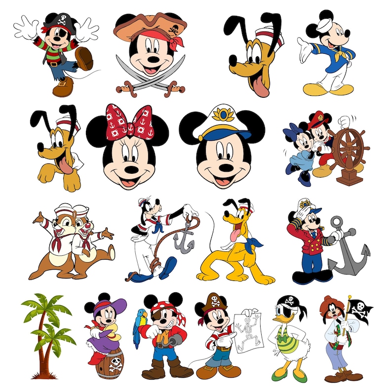 May include: A vibrant illustration featuring various Disney characters in pirate costumes. Mickey and Minnie Mouse, Donald Duck, and Goofy are depicted with pirate accessories like eye patches, bandanas, and captain hats. Some characters are holding swords, treasure maps, and anchors, all in a cartoon style.