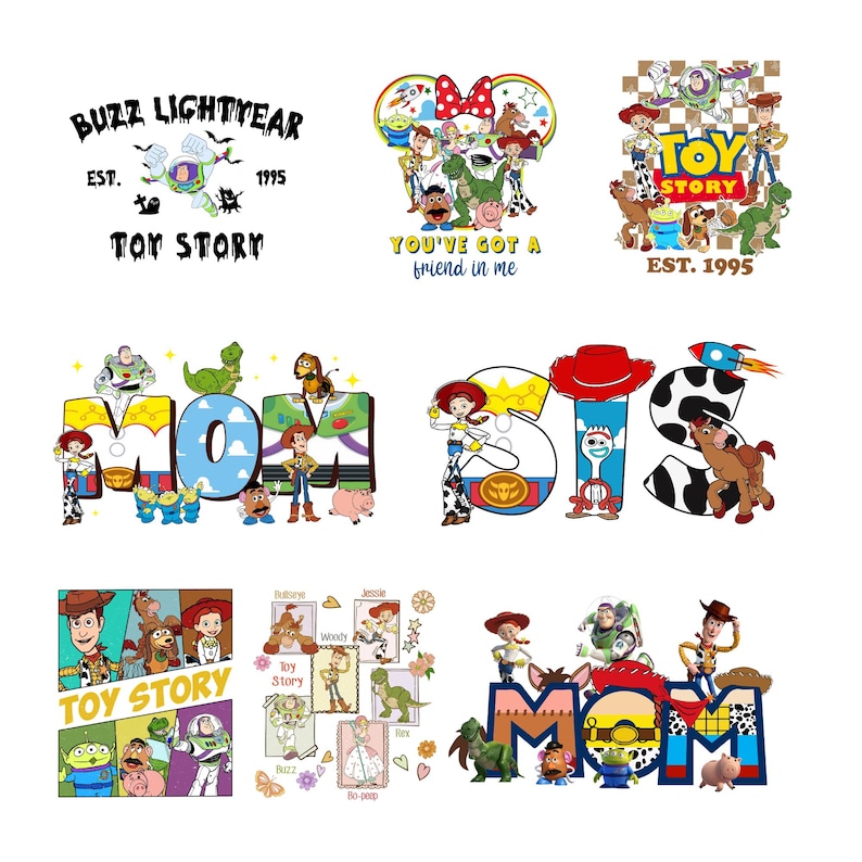 K&ouml;nnte beinhalten: Eine Sammlung farbenfroher Toy Story-Designs. Die Designs zeigen Buzz Lightyear, Woody und andere Charaktere. Einige Designs enthalten Texte wie "Buzz Lightyear", "Toy Story" und "You've got a friend in me".