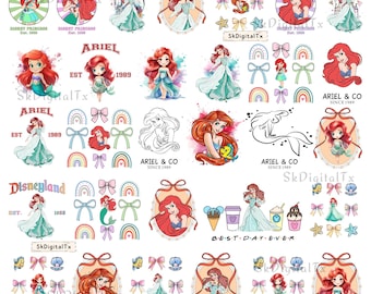 Ariel Mermaid Png Bundle, Cute Ocean Princess Clipart Download, Watercolor Sublimation Design, Kids Birthday Shirt Files