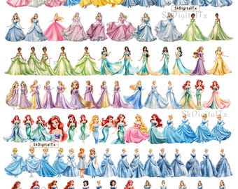 Cinderella Ariel Rapunzel Png Bundle, Fairytale Princess Watercolor Clipart, Magic Girls Birthday Printable Sublimation Download