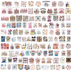 May include: A collection of colorful Disney-themed designs, including characters like Mickey and Minnie Mouse, princesses, and various park attractions. The designs are in a variety of shapes and sizes, with text elements such as "Disneyland" and "Animal Kingdom".