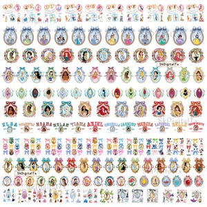 May include: A collection of stickers featuring various Disney princesses in oval frames with floral and bow accents. The stickers include names like Elsa, Ariel, and Cinderella. The overall color scheme is pastel with gold accents.