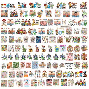 May include: A collection of colorful graphic designs featuring characters and themes from the animated movie Toy Story. Designs include characters like Woody, Buzz Lightyear, and Mr. Potato Head, with text like "Birthday" and "Toy Story".
