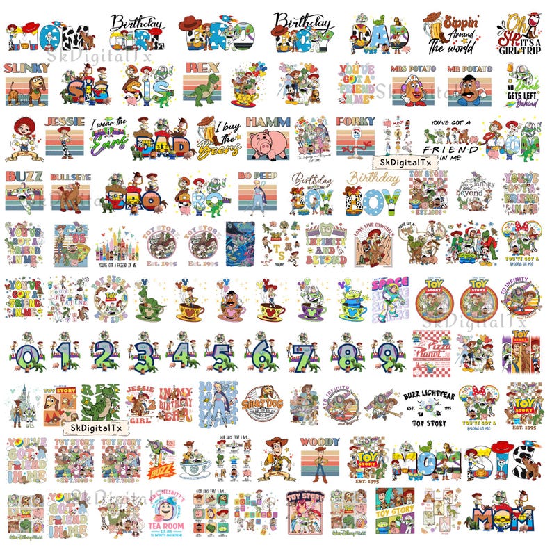 K&ouml;nnte beinhalten: Eine Sammlung farbenfroher Grafikdesigns mit Charakteren und Themen aus dem Animationsfilm Toy Story. Designs umfassen Charaktere wie Woody, Buzz Lightyear und Mr. Potato Head, mit Texten wie "Birthday" und "Toy Story".