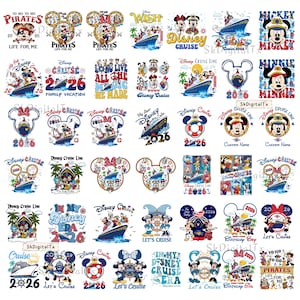 May include: A collection of Disney Cruise Line themed designs featuring Mickey and Minnie Mouse, cruise ships, and various text elements. Designs include "Disney Cruise 2026", "Let's Cruise", and "Pirates Life for Me".