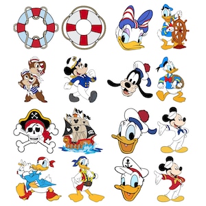 May include: A selection of cartoon illustrations featuring Disney characters in nautical and pirate themes. Includes Mickey Mouse, Donald Duck, Daisy Duck, Goofy, Chip and Dale, a pirate ship, life preservers, and a skull and crossbones.