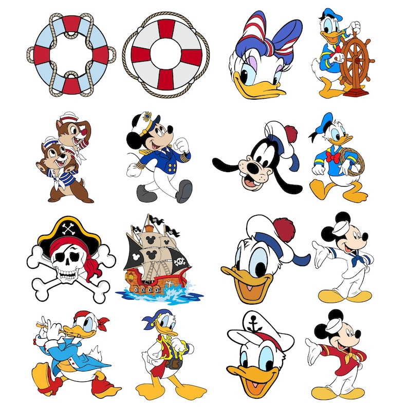 May include: A selection of cartoon illustrations featuring Disney characters in nautical and pirate themes. Includes Mickey Mouse, Donald Duck, Daisy Duck, Goofy, Chip and Dale, a pirate ship, life preservers, and a skull and crossbones.