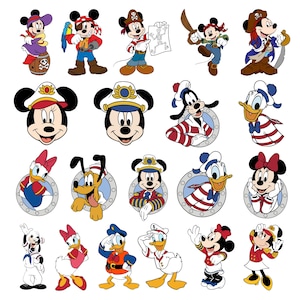 May include: A selection of cartoon character illustrations, including Mickey and Minnie Mouse, Donald and Daisy Duck, Goofy, and Pluto, dressed in nautical and pirate attire. The characters are presented in bright colours and detailed designs.