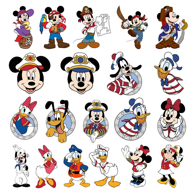 May include: A selection of cartoon character illustrations, including Mickey and Minnie Mouse, Donald and Daisy Duck, Goofy, and Pluto, dressed in nautical and pirate attire. The characters are presented in bright colours and detailed designs.