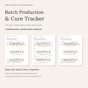 May include: A digital download featuring five printable pages for a Batch Production & Cure Tracker. The documents include a production schedule, batch production record, and cure & review tracker, all labeled Delray Paper Studio.