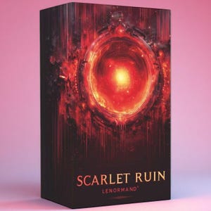 May include: A rectangular box for a deck of cards titled Scarlet Ruin Lenormand. The front features a dark, vertical design with a glowing, circular red and orange portal-like graphic at the top and the text Scarlet Ruin Lenormand at the bottom.