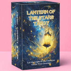 May include: A rectangular tarot deck box featuring a deep blue cosmic background with swirling gold stars and a glowing lantern. The text reads LANTERN OF THE STARS TAROT, COSMIC GUIDANCE WISDOM DESIGN BY DARREN T. ELLISON, and Let the Light of the Universe Guide Your Journey.