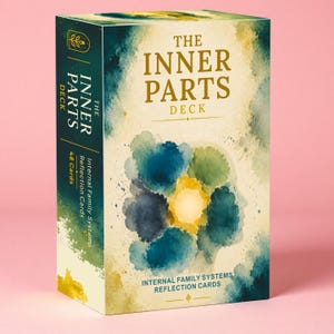 May include: A rectangular box for The Inner Parts Deck, featuring a watercolour design in shades of blue, green, and yellow. The front displays the title in gold text, with the subtitle Internal Family Systems Reflection Cards and 48 Cards.