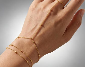 Hand Kette Armband Ring Combo, Gold überzogene Perlen Handkette, Ins Art Frauen Luxus Schmuck, Boho Hand Zubehör