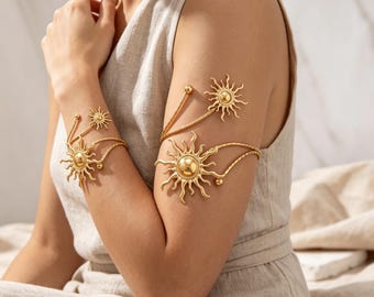 Bracelete aberto com totem do sol, pulseira celestial dourada para o braço, joia de luxo moderna, pulseira boho feminina marcante.