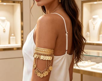 Vintage muntarmmanchet met kwastje, gouden schakelarmband, boho-strandsieraden, luxe armband met vakantieverklaring voor dames