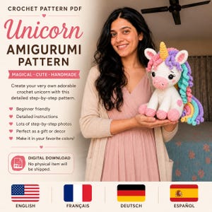 May include: A crochet pattern PDF for a unicorn amigurumi. The pattern is described as magical, cute, and handmade. The image shows a finished unicorn toy with a white body, pink hooves, a yellow horn, and a rainbow mane and tail. The pattern is beginner-friendly.
